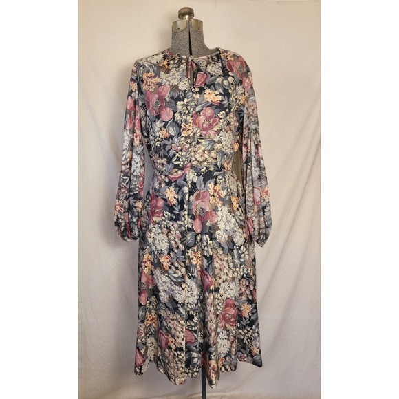 Vintage 60s 70s Floral Brown Dress Fit Flare Volup Size Large Mod Academia - Picture 1 of 16
